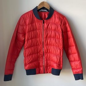 Athleta Womens Goose Down Puffer Bomber Jacket Fire Red (Orange/Grey) Size M